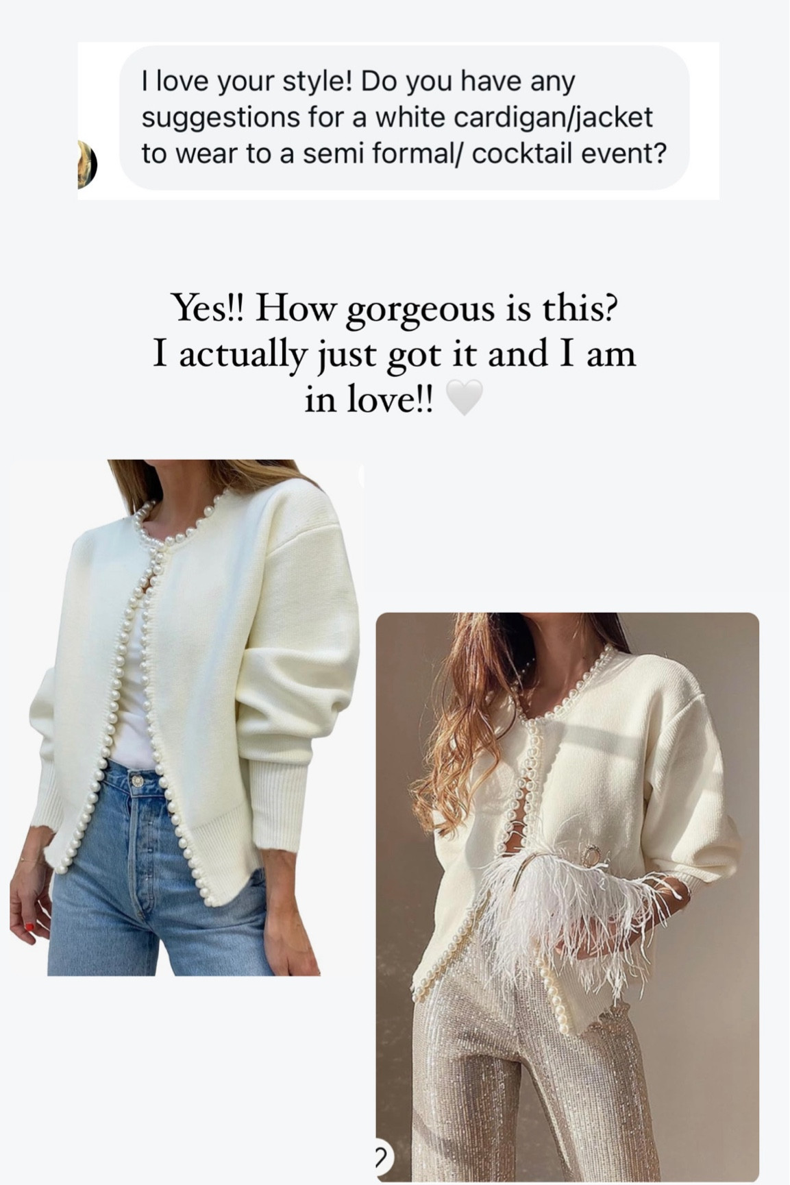 Amazon white cardigan with pearls! Looks polished and so chic. Under 50
Runs tts 


#LTKTravel #LTKFindsUnder50 #LTKOver40