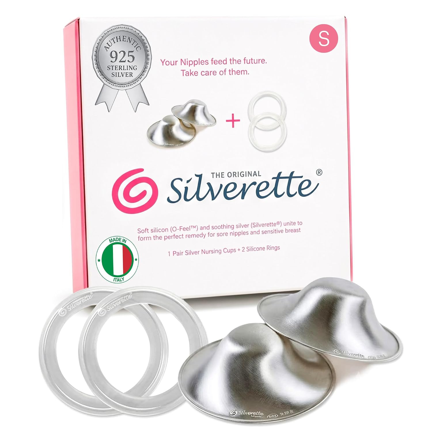 SILVERETTE The Original Silver Nursing Cups, Nipple Covers for Breastfeeding Essentials, Pure 925 Silver Nipple Shields for Breastfeeding Newborn, Regular Size with O-Feel Silicone Rings | Amazon (US)