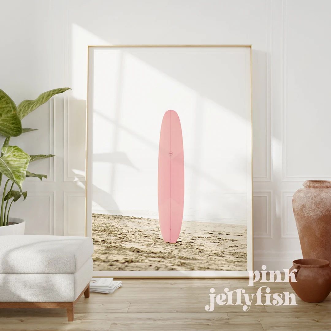 surf poster, pink surfboard print, printable art, beach wall art, pink wall art, teen girl room d... | Etsy (US)