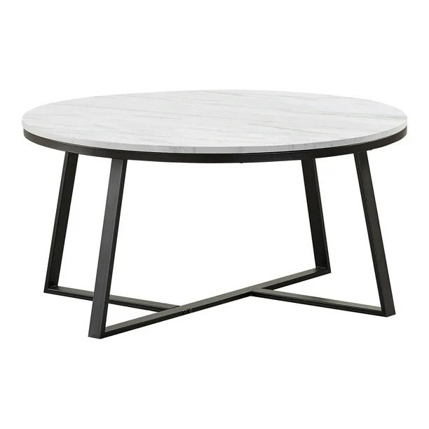 Round Coffee Table White Faux Marble and Matte Black | Walmart (US)