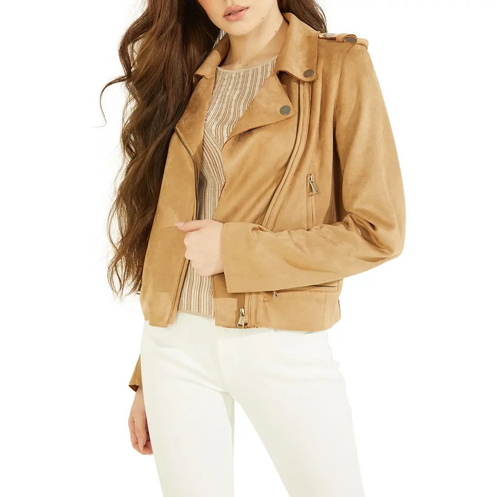 GUESS Monica Faux Suede Moto Jacket in Brown at Nordstrom, Size Medium | Nordstrom