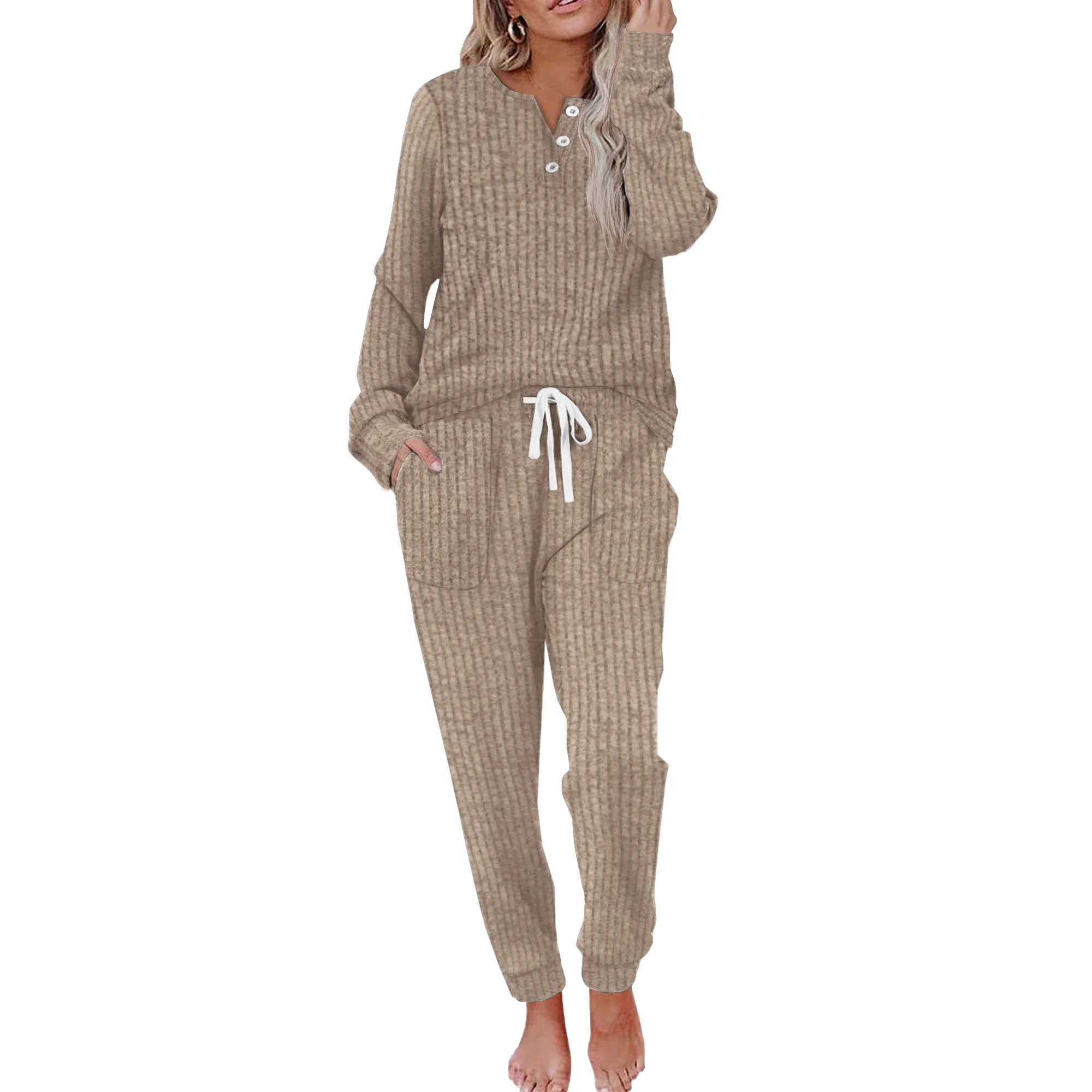 MOSHU Two Piece Womens Pajama Sets Button Down Shirts and Drawstring Pants with Pockets Solid Lou... | Walmart (US)