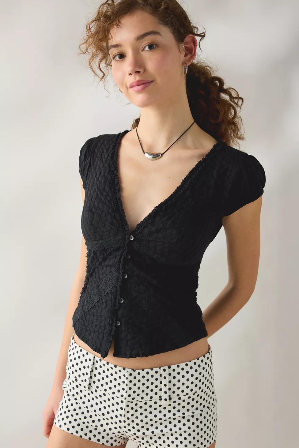 Kimchi Blue Robyn Ruffle + Lace Trim Puff Sleeve Button-Up Blouse | Urban Outfitters (US and RoW)