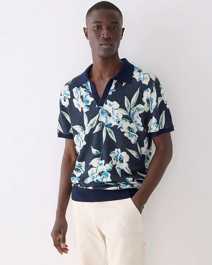 Cashmere short-sleeve johnny-collar sweater-polo in floral print | J. Crew US
