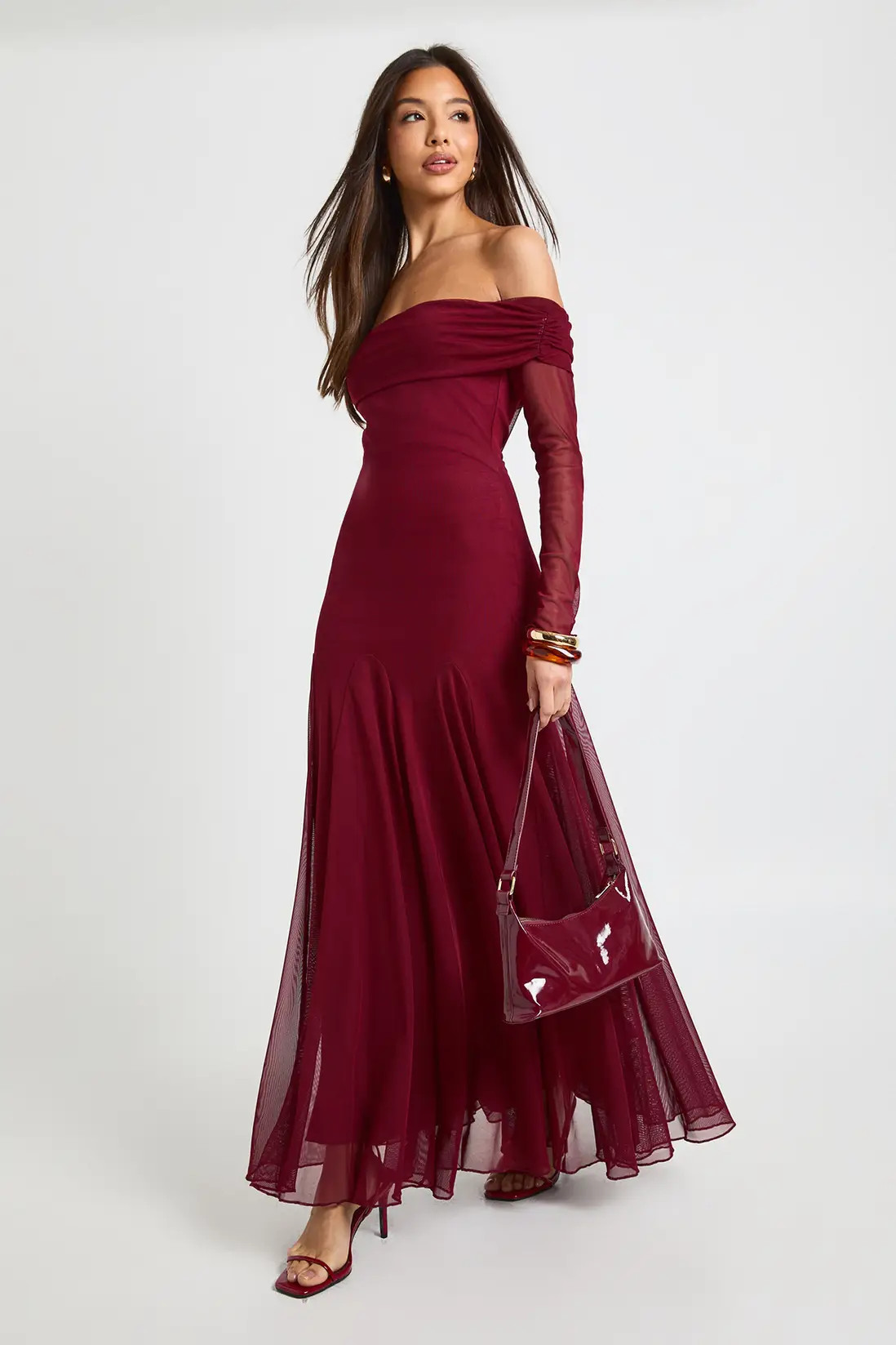 Mesh Bardot Godet Long Sleeve Maxi Dress | boohoo (US & Canada)