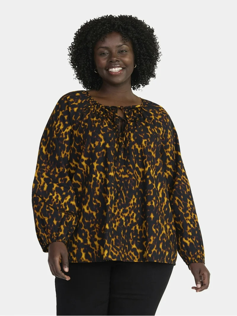 Terra & Sky Women's Plus Size Tie Front Blouse with Long Sleeves, Sizes 0X-4X | Walmart (US)