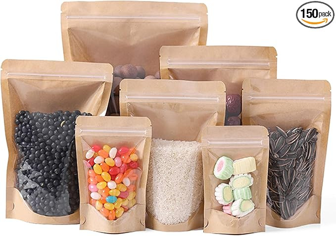 150pcs Kraft Bags With Window Clear Front 10”×14”,7”×10”,4.7”×7.8 ” Resealable Sta... | Amazon (US)