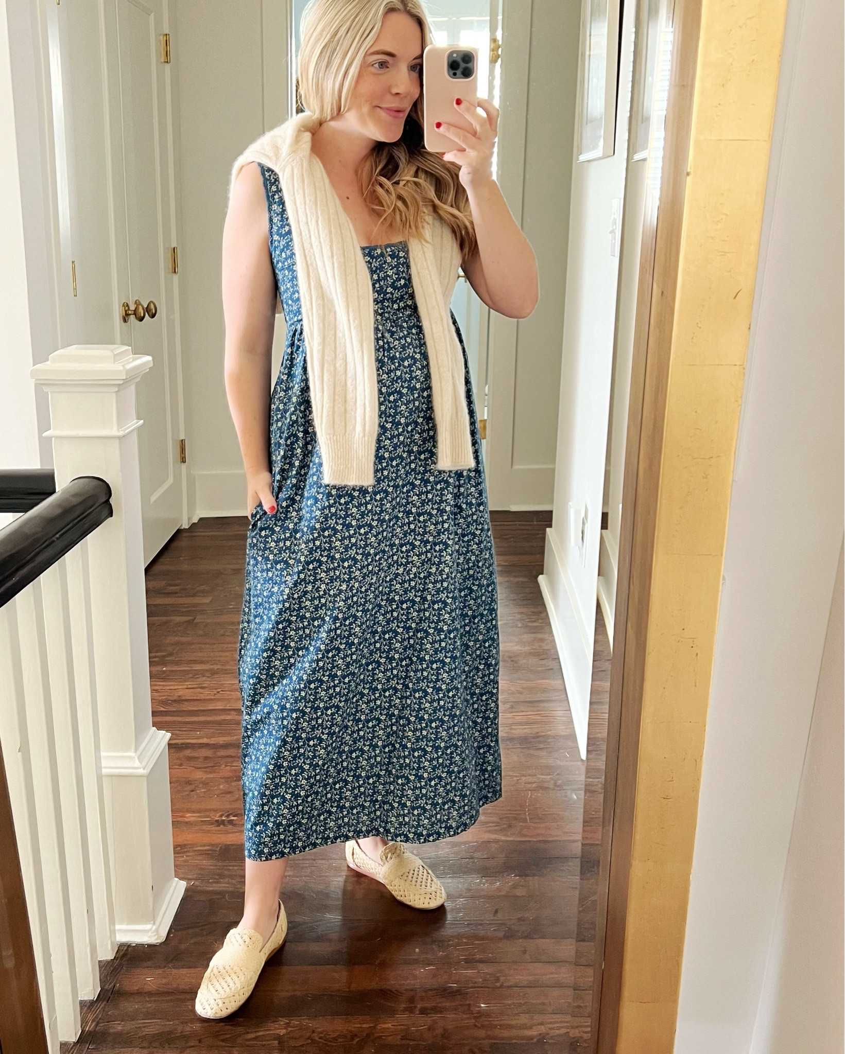 Non-maternity dress working perfectly for this 21 week bump 🤍  in a small for reference. And these SHOES - comfy + chic. I usually size up in loafers, but these run a little roomy IMO so I stuck to my usual size.