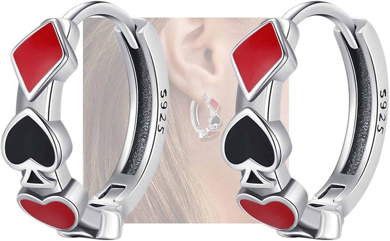 KEQ Poker Huggie Hoop Earrings 925 Sterling Silver Casual Casino Hearts and Spades Playing cards ... | Amazon (US)