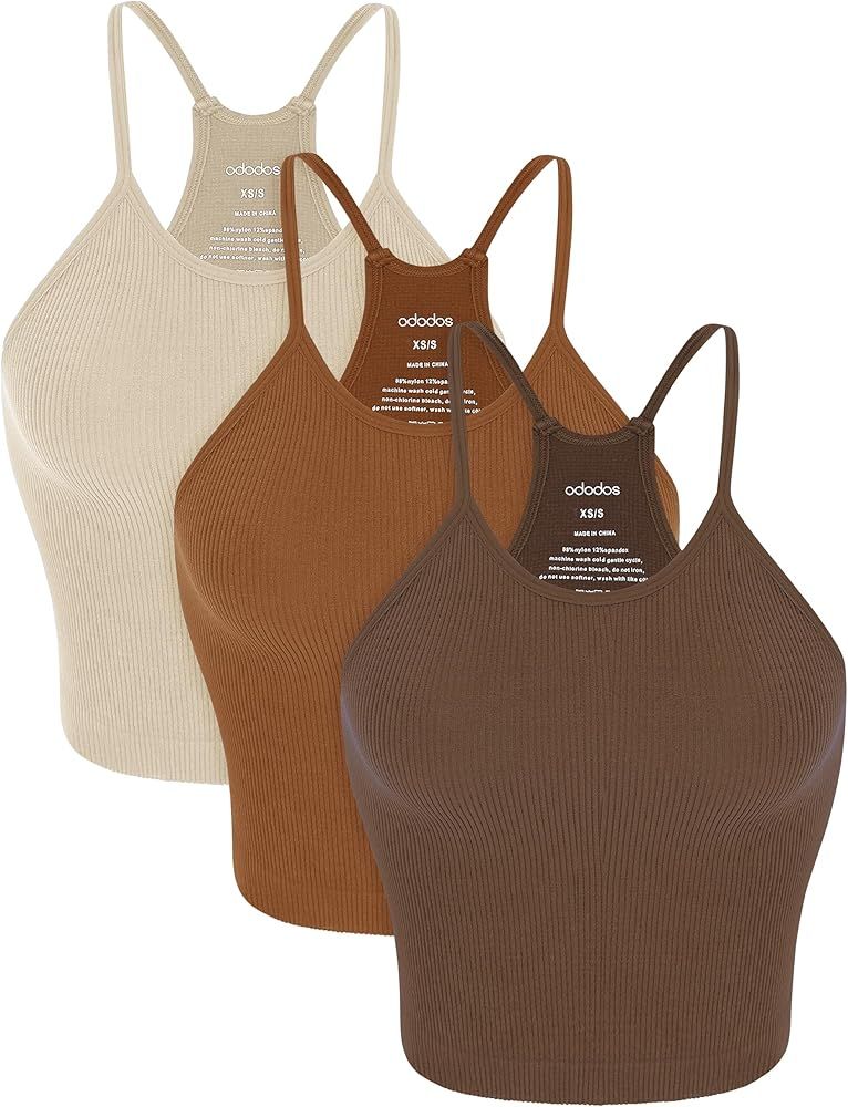 ODODOS Women's Crop 3-Pack Washed Seamless Rib-Knit Camisole Crop Tank Tops | Amazon (US)