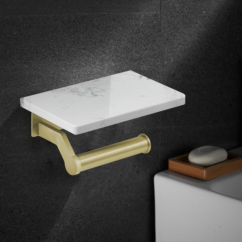 Hoimpro Brushed Gold Stainless Steel Toilet Paper Holder with White Natural Marble Shelf, Wall Mo... | Amazon (US)
