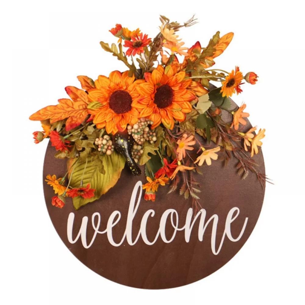 Norbi Fall Welcome Sign for Front Door 12x12" Sunflower Sign Wreaths Round Wooden Hanging Wreaths... | Walmart (US)