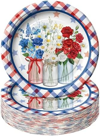 50 Pcs Patriotic Floral Paper Plates 4th of July Disposable Plates with Flowers Plaid for 250th A... | Amazon (US)