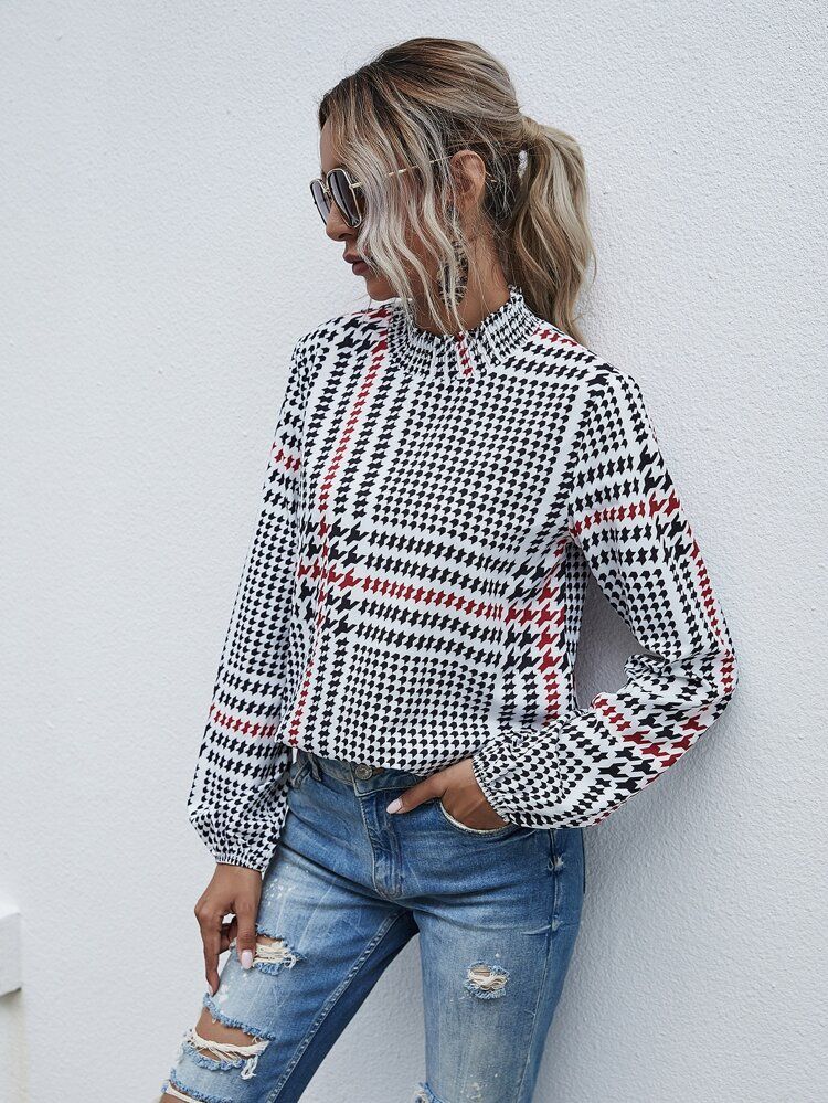 Houndstooth Print Shirred Frill Blouse | SHEIN