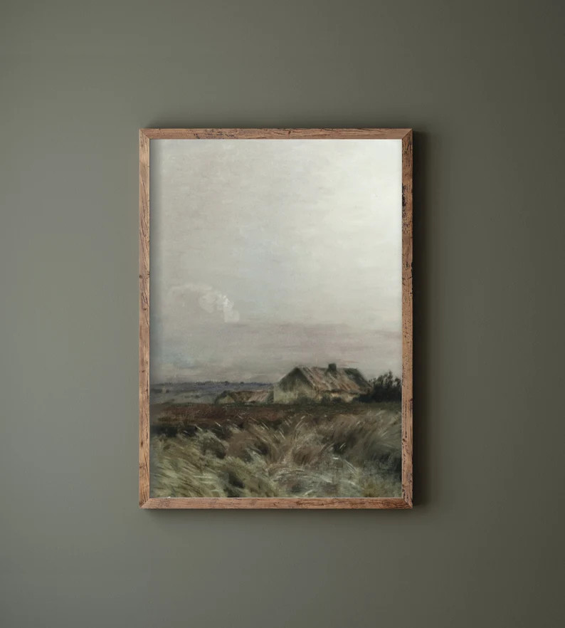 Antique Farm Country Landscape Painting | Vintage Kitchen Shelf Art Muted Green | Country Bedroom... | Etsy (US)