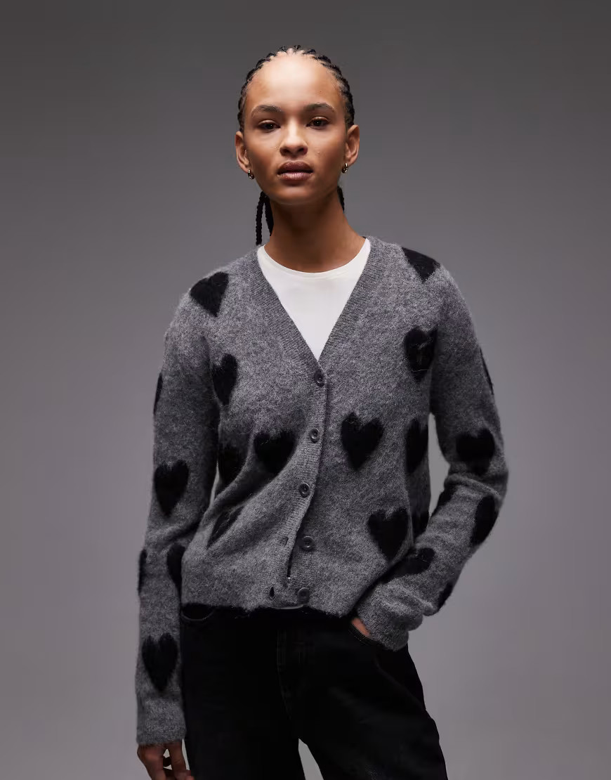 Allsaints amora heart cardigan in grey-Black | ASOS (Global)