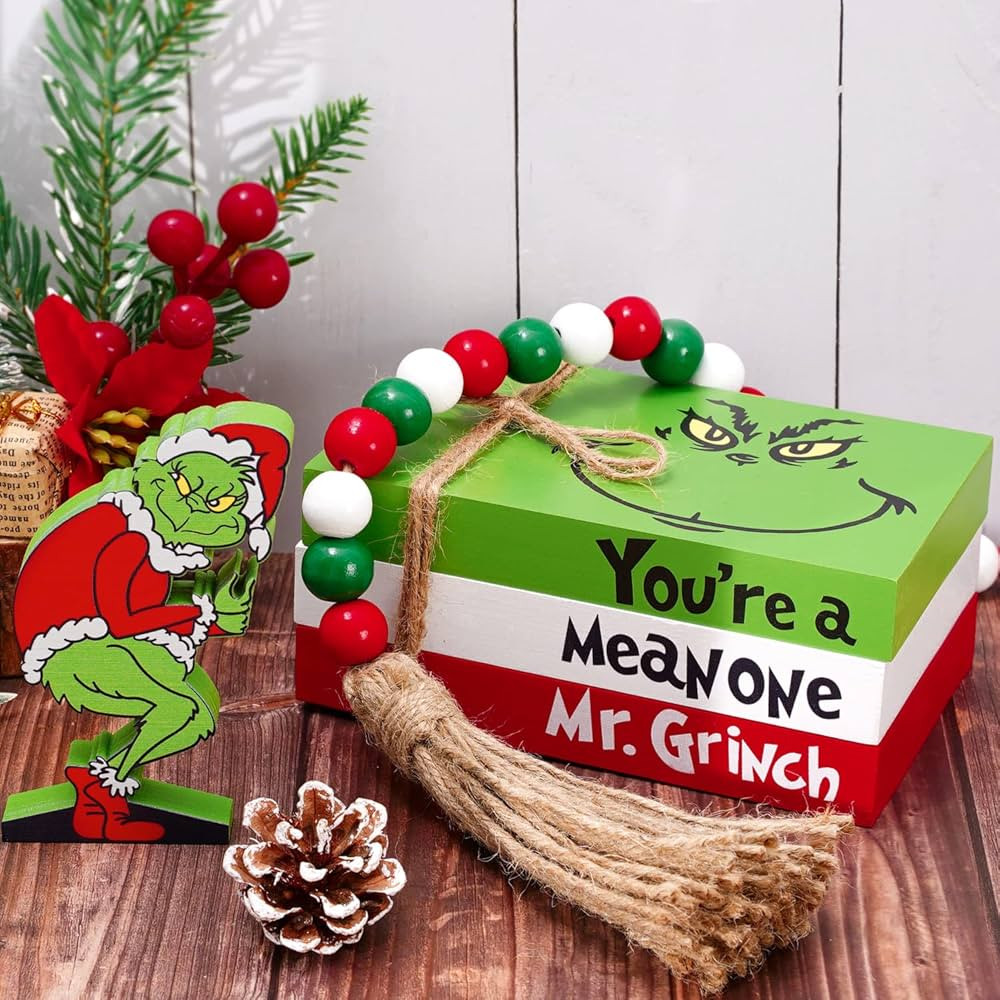 Whaline Christmas Wooden Tiered Tray Decor Xmas Rustic Decorative Books Green White Red Faux Stac... | Amazon (US)