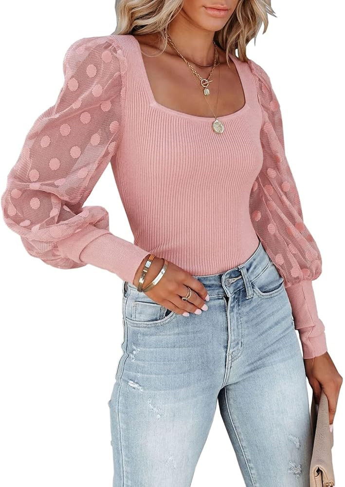 miduo Womens Tops Square Neck Polka Dot Balloon Long Sleeve Top Shirts Slim Knit Ribbed Tops Blou... | Amazon (US)