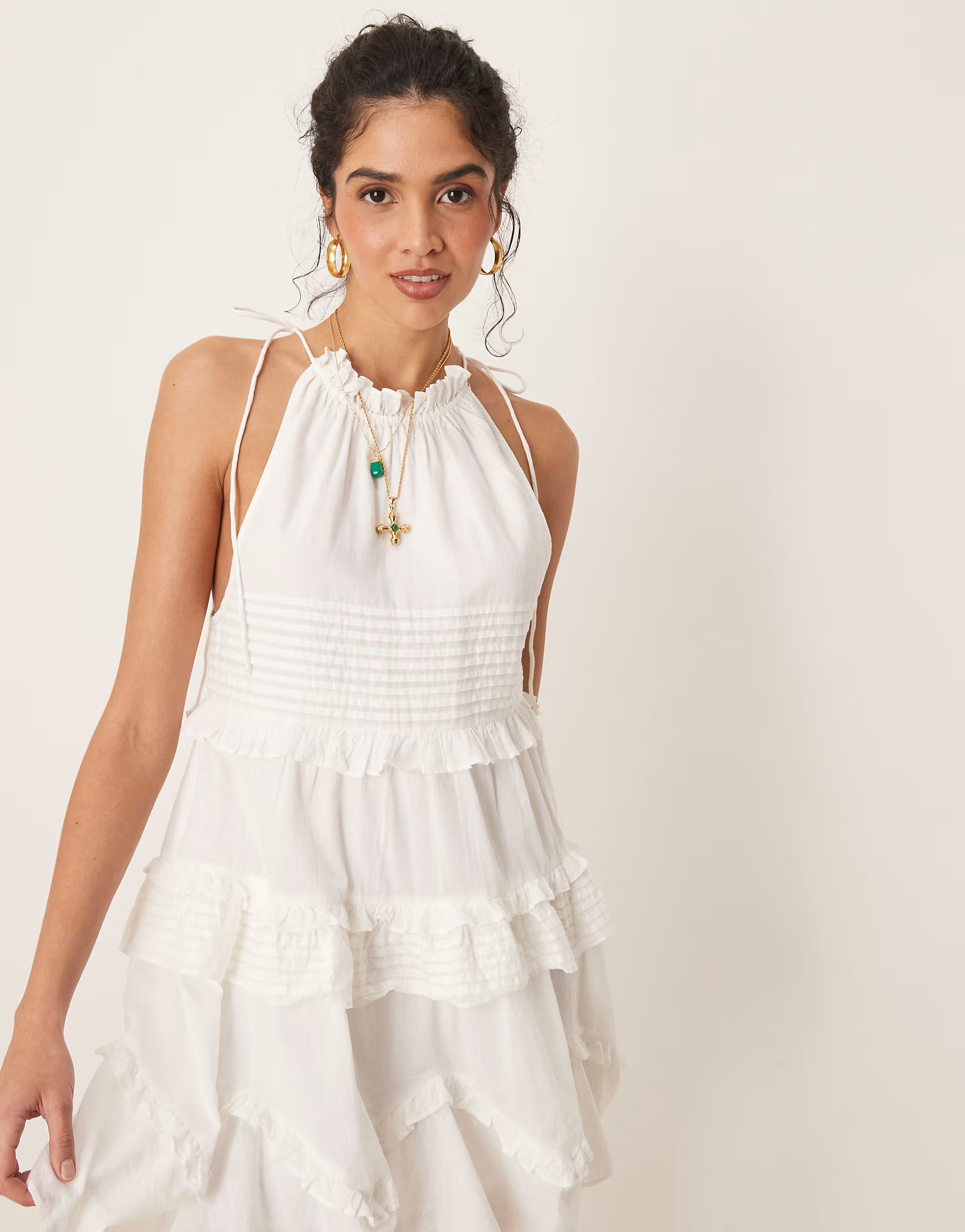 ASOS DESIGN halter ruffle mini dress with pintucks in white | ASOS (Global)