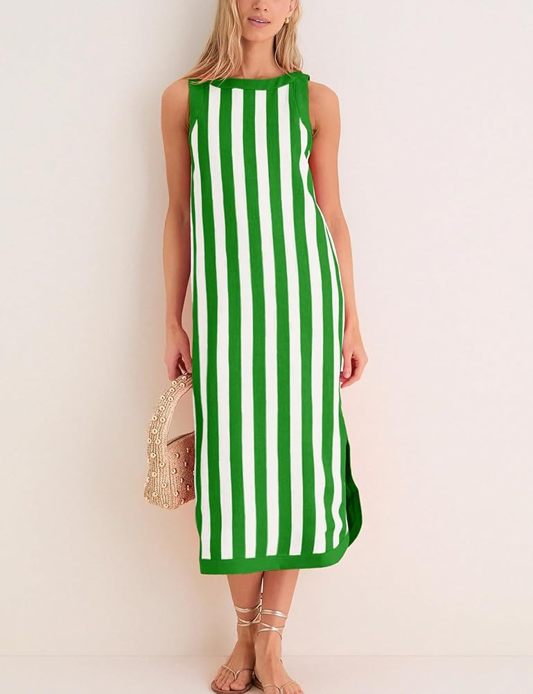 Yidarer Women's Striped Sleeveless Midi Dress Crewneck Side Slit Casual Summer Beach Vacation Shi... | Amazon (US)