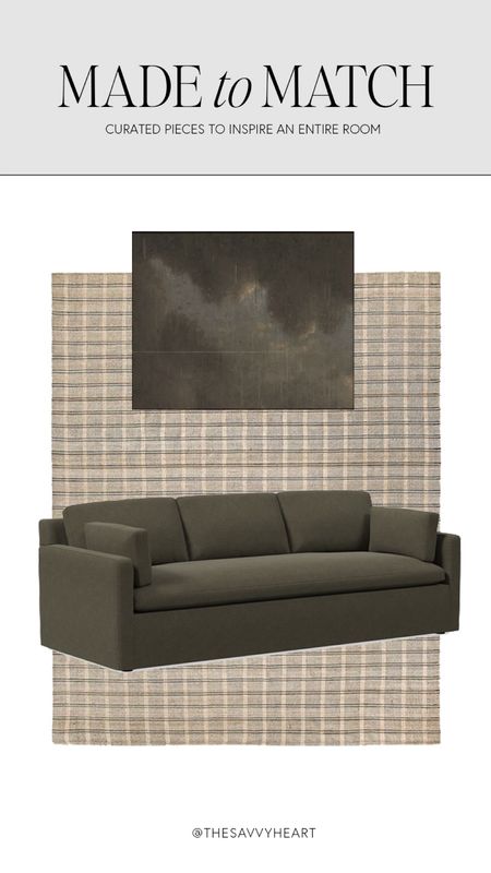 Moody dark olive green, brown and beige living room combo with sofa, rug and abstract artwork 

#LTKhome