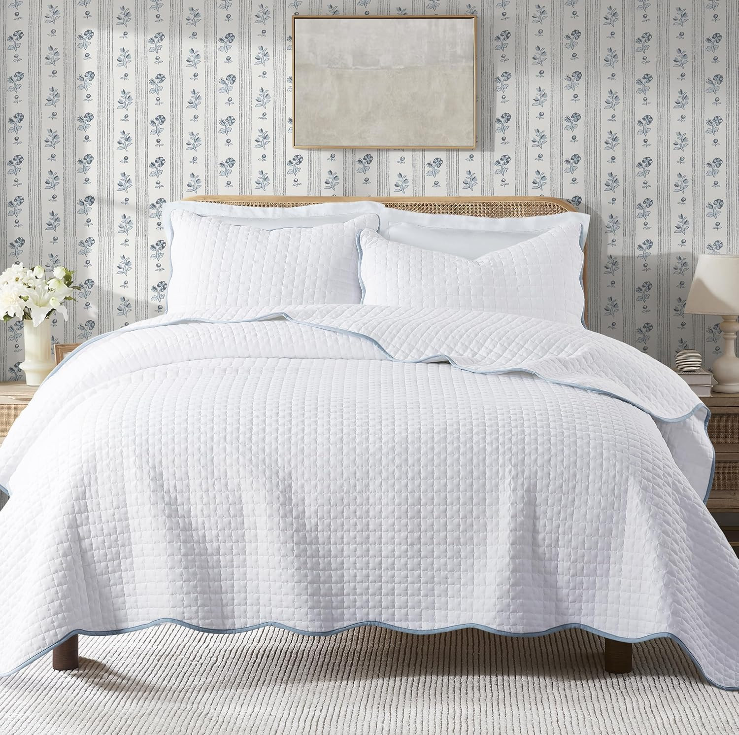 WDCOZY White Queen Size Quilt Bedding Set, Scalloped Farmhouse Country Rustic Lightweight Soft Coverlet, Cute Cozy Kantha Pick Stitch Bedspread, 2 Pillow Shams, Blue Edge White Stitching | Amazon (US)