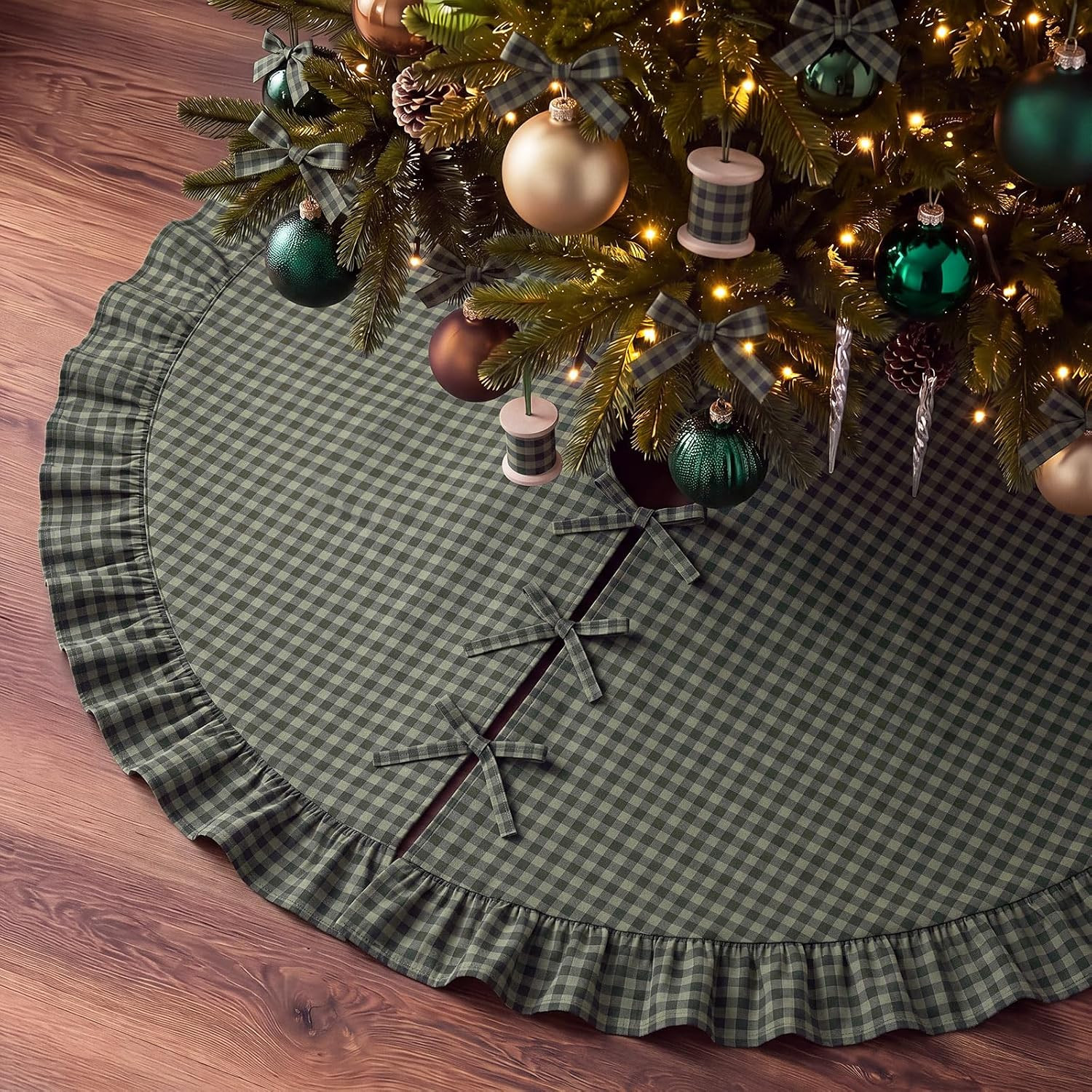 Blueweenly 48in Dark Forest Green Gingham Christmas Tree Skirt with Ruffled | Amazon (US)