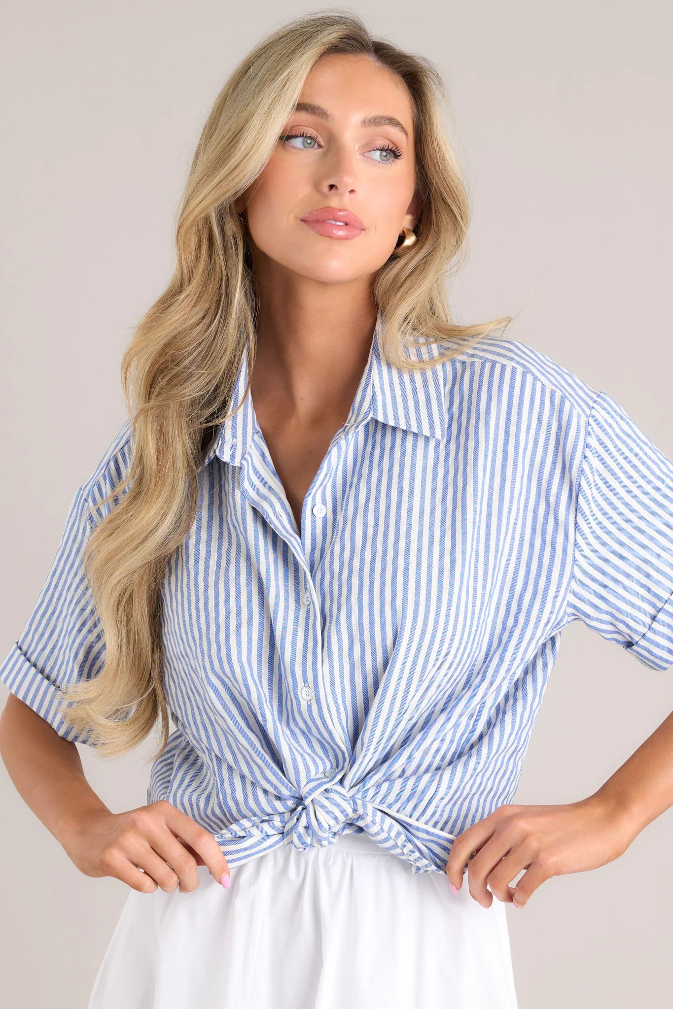 Journey Of Love Blue Striped Button Front Top | Red Dress