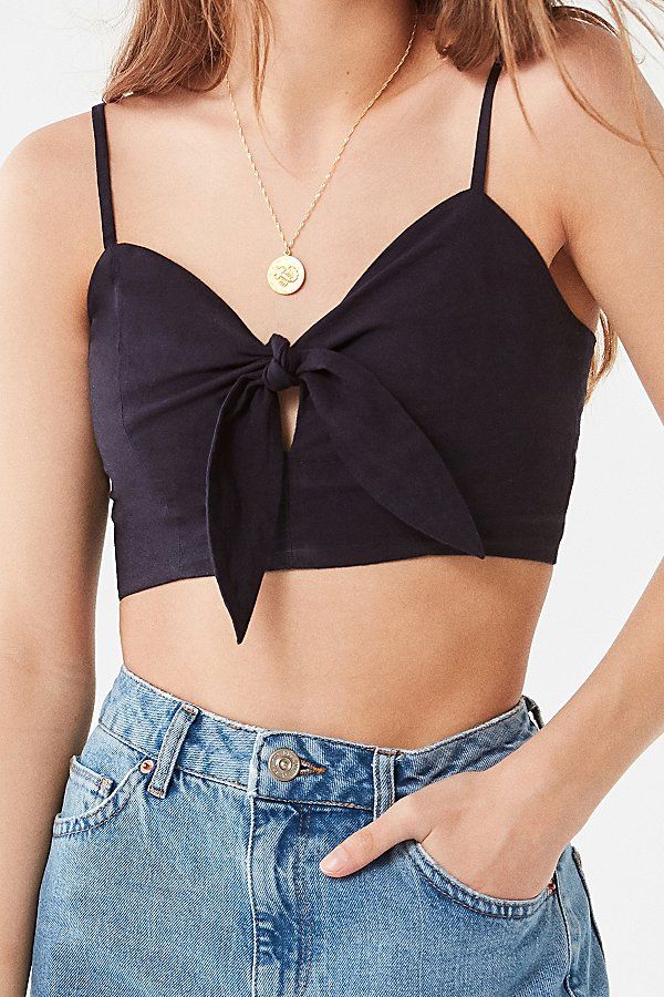 UO Crystal Tie-Front Cropped Cami - Blue XS at Urban Outfitters | Urban Outfitters (US and RoW)