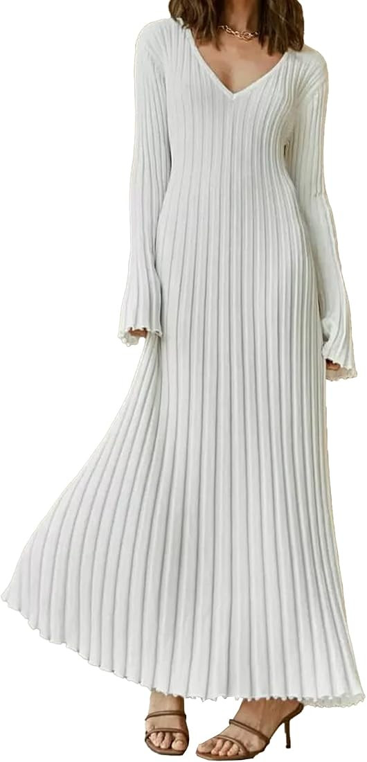 ECDAHICC Women's Sexy Ribbed Knit Sweater Dress Casual Long Sleeve V Neck Bodycon Pleated A Line ... | Amazon (US)
