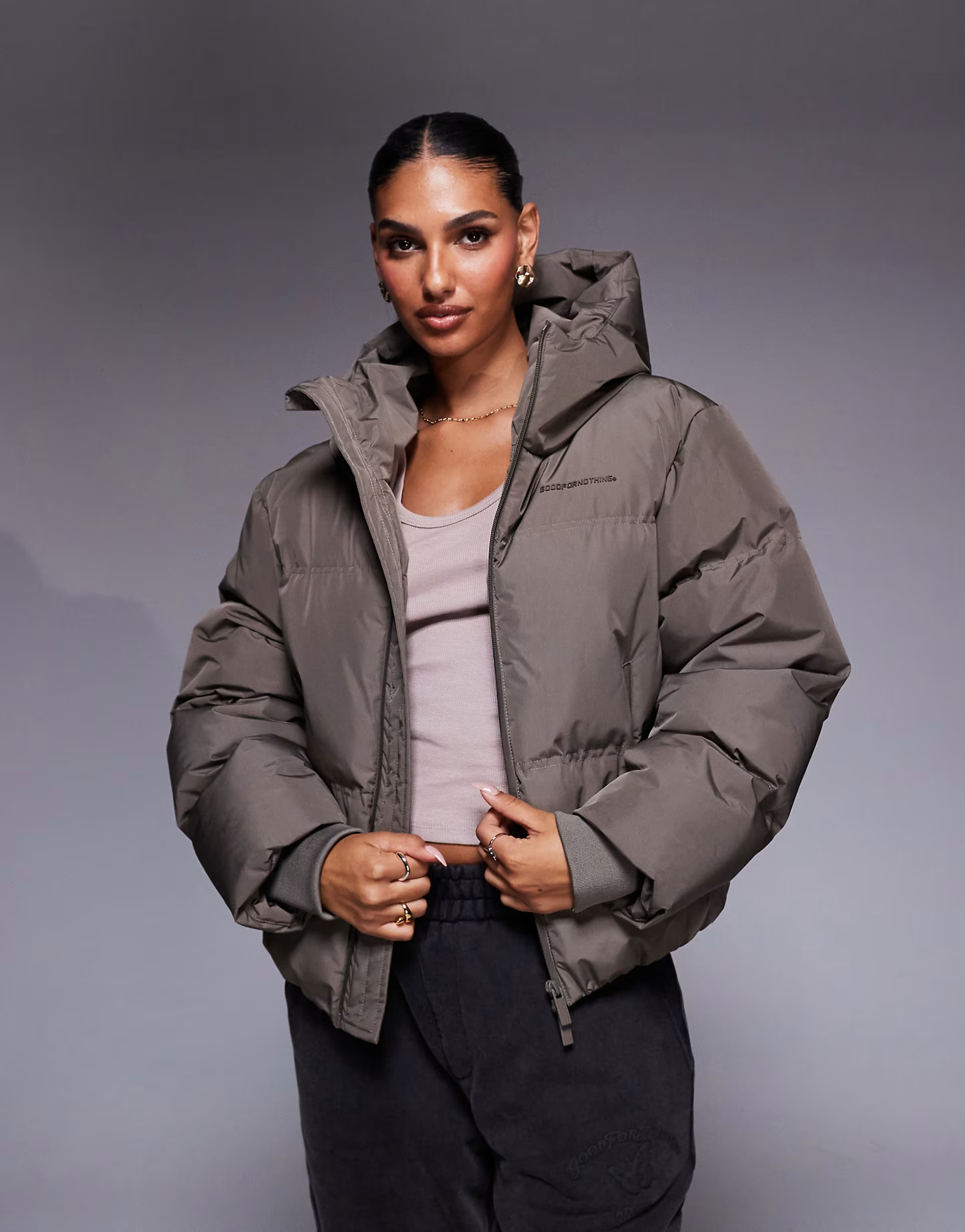 Good For Nothing Hooded puffer jacket in taupe | ASOS (Global)