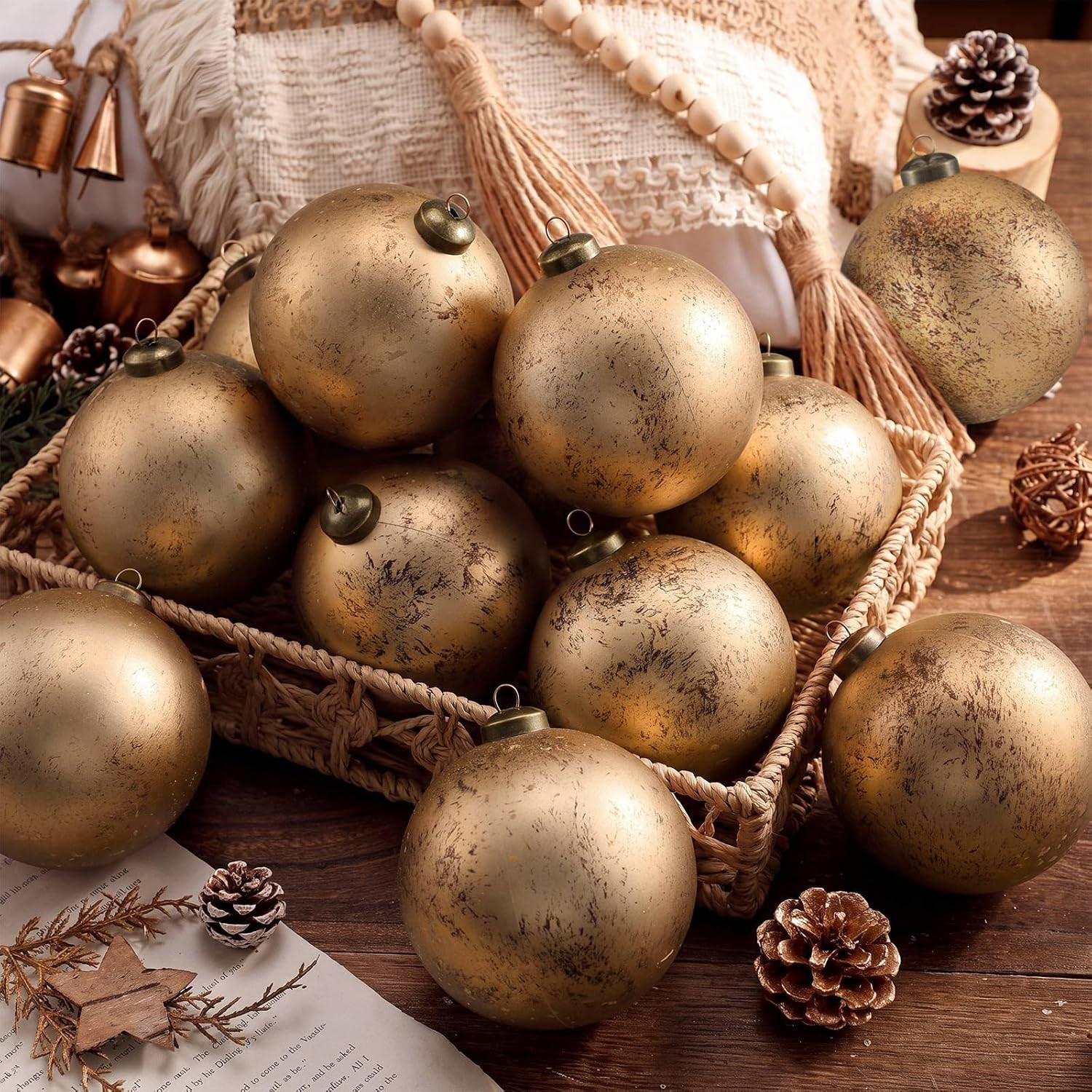 Yunlly 12 Pcs Neutral Christmas Ornament, Bronze Gold, 4'' | Amazon (US)
