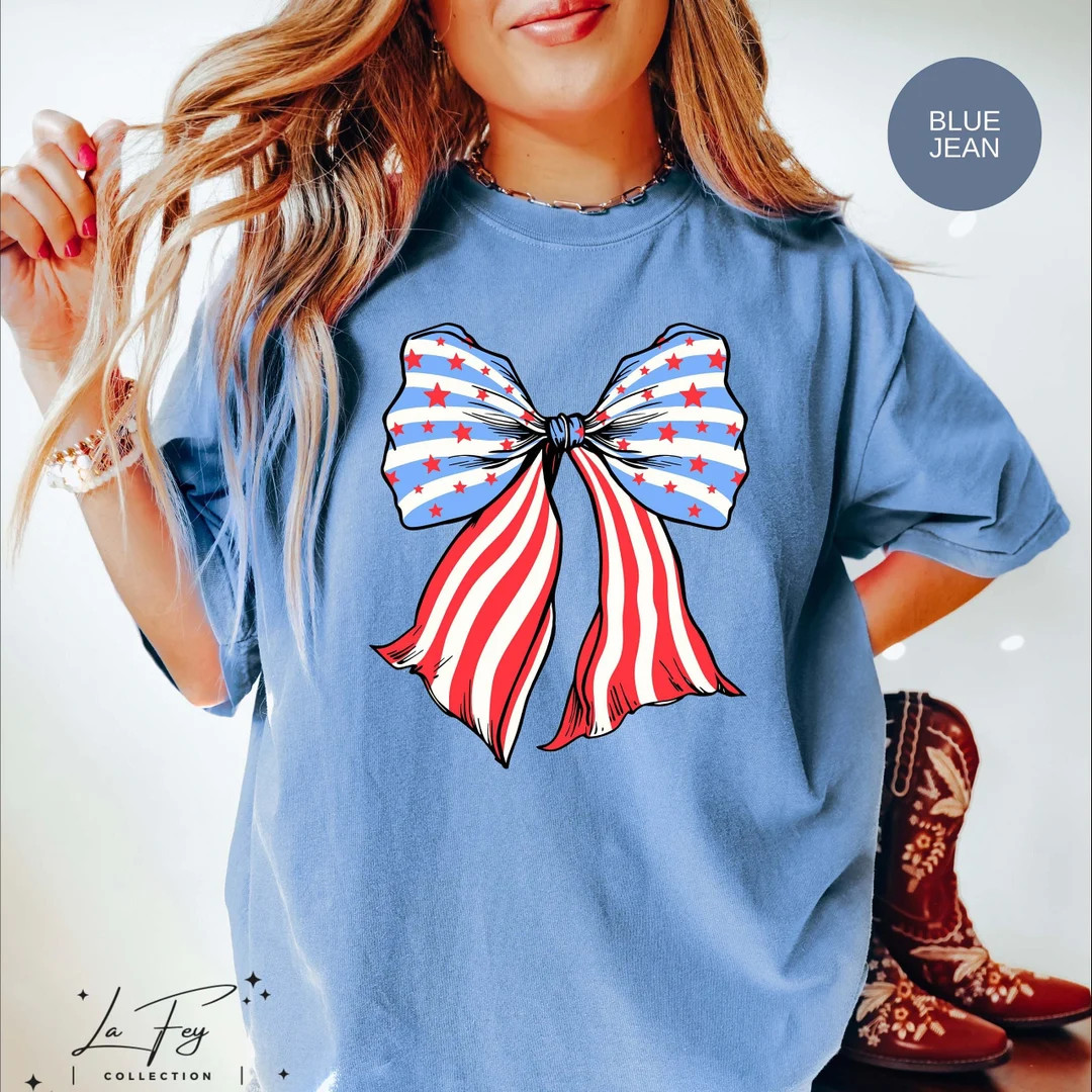 4th of July Bow Shirt, Comfort Colors 4th of July Shirt, Patriotic Shirts, Coquette USA Bow Tee, ... | Etsy (US)