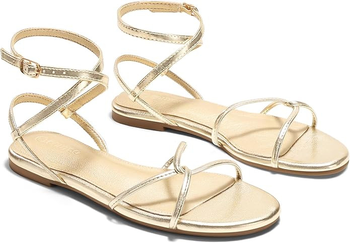 Coutgo Womens Flat Sandals Strappy Open Toe Cross Lace Up Ankle Strap Summer Dressy Beach Shoes | Amazon (US)