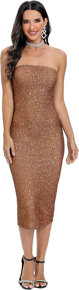 Capuffy Women Strapless Sequin Fantasy Midi Dress Sleeveless Tube Bodycon Club Dress Sparkly Glit... | Amazon (US)
