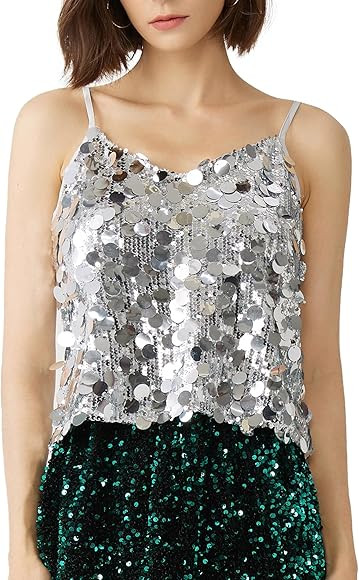 Women's Sequin Tops - V-Neck Sparkle Tank Tops - Spaghetti Strap Shimmer Camisole Party Club Cock... | Amazon (US)