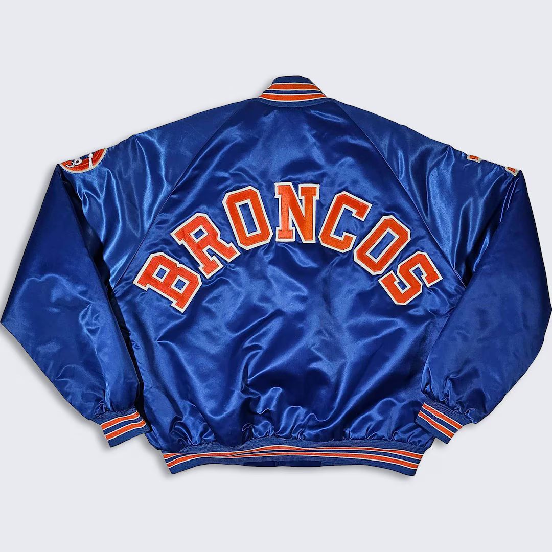 Denver Broncos Vintage 80s Chalk Line Satin Bomber Jacket NFL Football Blue & Orange Coat Size Me... | Etsy (US)