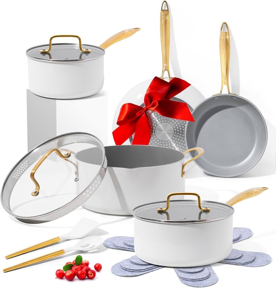 White and Gold Pots and Pans 15 PC Set - Premium Heavy Gauge Nonstick, Non Toxic, PFOA Free, Oven... | Amazon (US)
