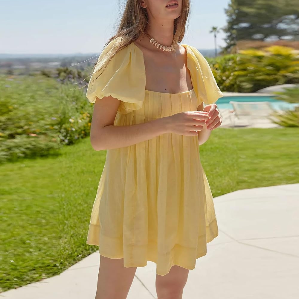 Juakoso Women Y2k Puff Sleeve Babydoll Short Dress Square Neck Tie Back Mini Dress Flowy Solid Co... | Amazon (US)