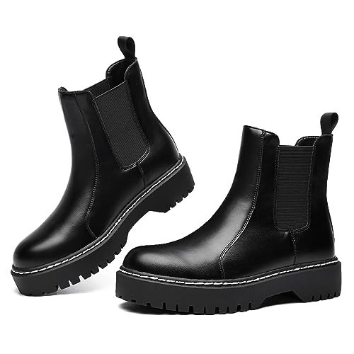 VERDASCO Womens Platform Chelsea Boots with Elastic Fashion Slip On Round Toe Combat Boots Comfort Ankle Boots&Bootie for Women Black Napa Leather 9.5 | Amazon (US)