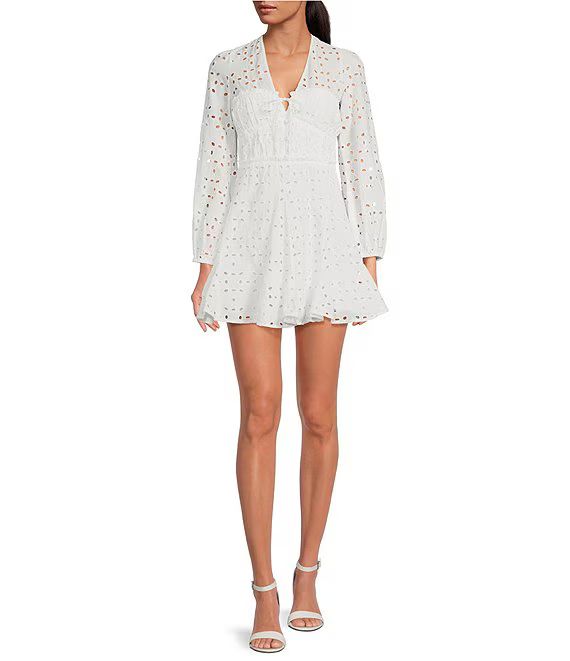 Katrina Eyelet V-Neck Long Sleeve A-Line Dress | Dillard's