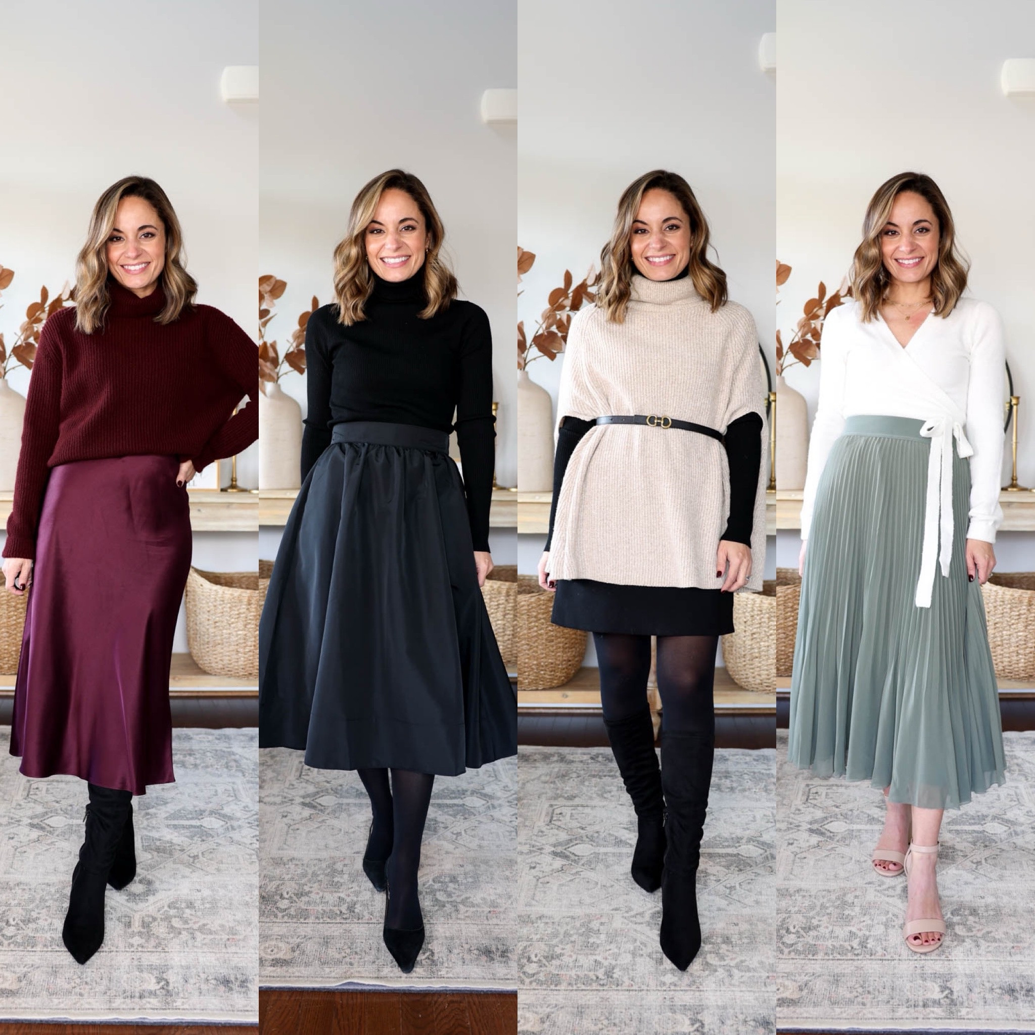 Dressy Thanksgiving outfit ideas! 

Burgundy Silk skirt (quince): xs 
Burgundy sweater (quince): xs 
Black turtleneck (aritzia): xs 
Black swing skirt (old navy): petite xs 
Sweater poncho (amazon): small 
Black mini skirt (other stories): 0 
Black tights (sheertex): xs 
Green skirt (aritzia): xs 
White sweater (j.crew factory): xxs 

Shoes are tts 

My measurements for reference: 4’10” 105lbs bust, waist, hips 32”, 24”, 35” size 5 shoe. 25” inseam measurement to my ankle bone. 

#LTKHoliday #LTKSeasonal