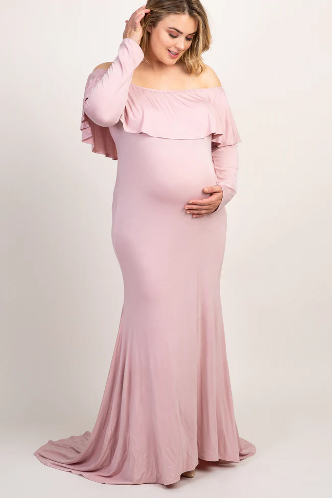 PinkBlush Mauve Off Shoulder Ruffle Maternity Plus Photoshoot Gown/Dress | PinkBlush Maternity