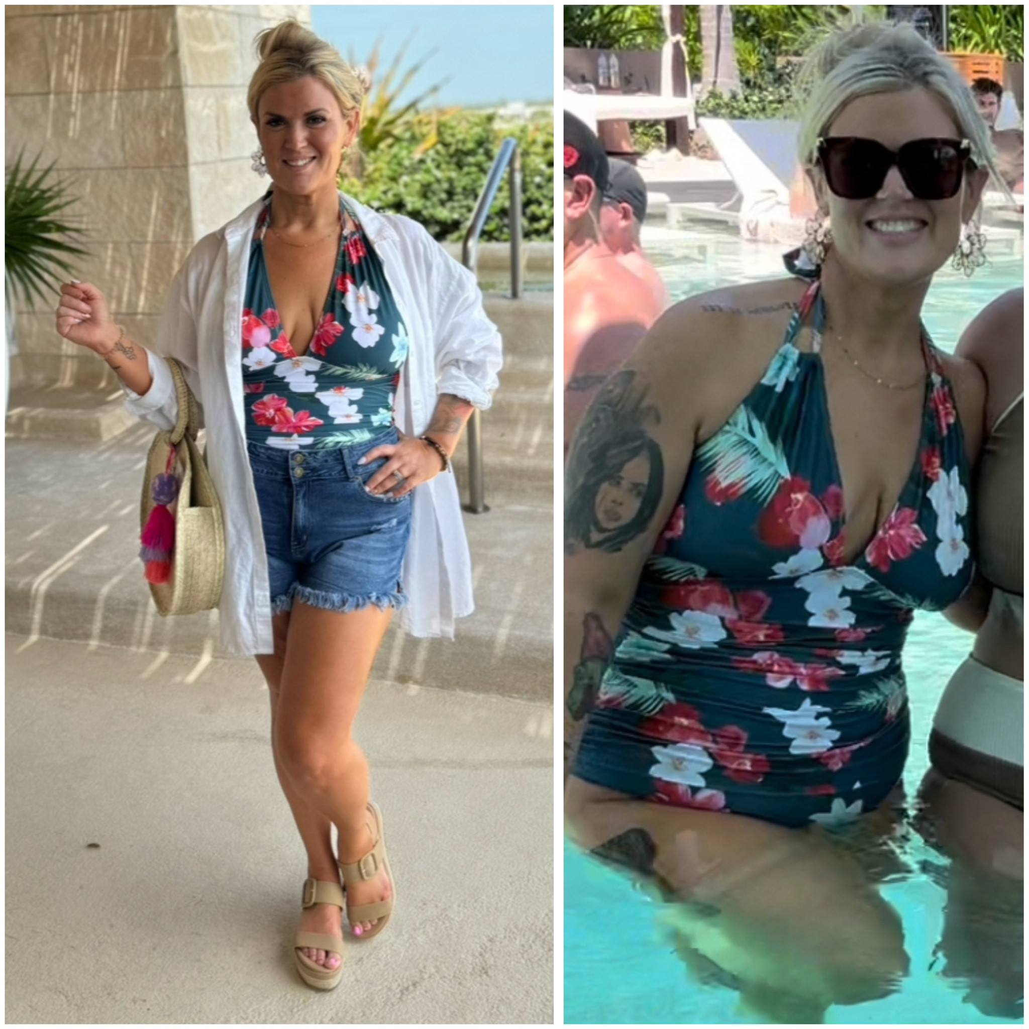 Vacation outfit. Cutoff shorts, wedges, swimsuit with tummy control, swim cover up

#LTKstyletip #LTKover40 #LTKmidsize