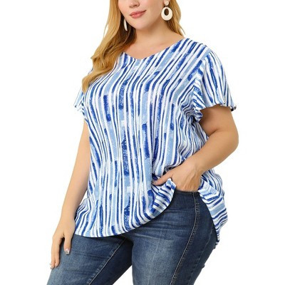 Agnes Orinda Women's Plus Size Stripe Print V Neck Short Sleeve Casual Blouses 1X Blue | Target