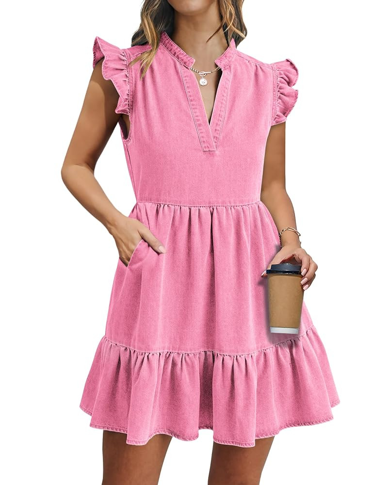 Denim Dress for Women Ruffle Short Sleeve V Neck Jean Mini Dress with Pockets | Amazon (US)