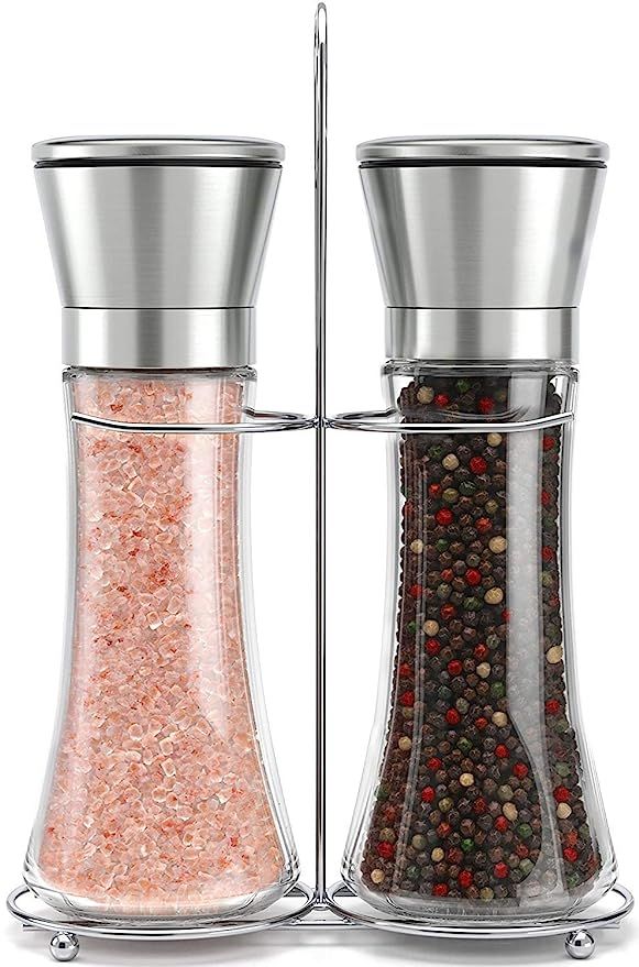 Original Stainless Steel Salt and Pepper Grinder Set With Stand - Tall Salt and Pepper Shakers wi... | Amazon (US)