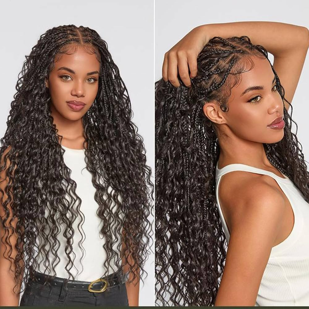 Frodio Braided Wig Veralux™ Fiber Full Lace Boho Curly Water Wave Synthetic Box Braided Wigs Fo... | Amazon (US)
