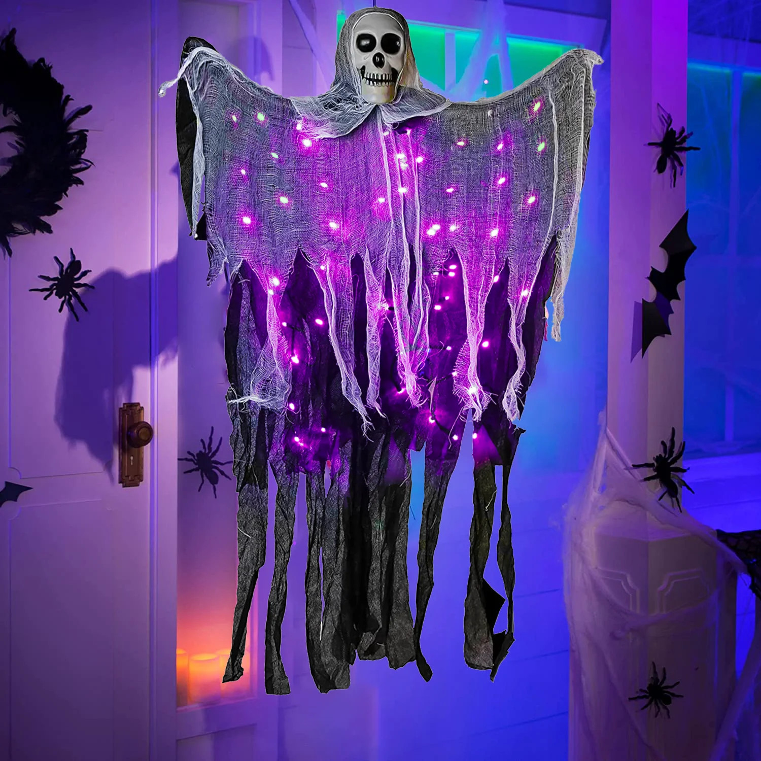 Halloween Hanging Grim Reaper with 60 LED Purple Halloween Lights,2 Lighting Modes Halloween Deco... | Walmart (US)