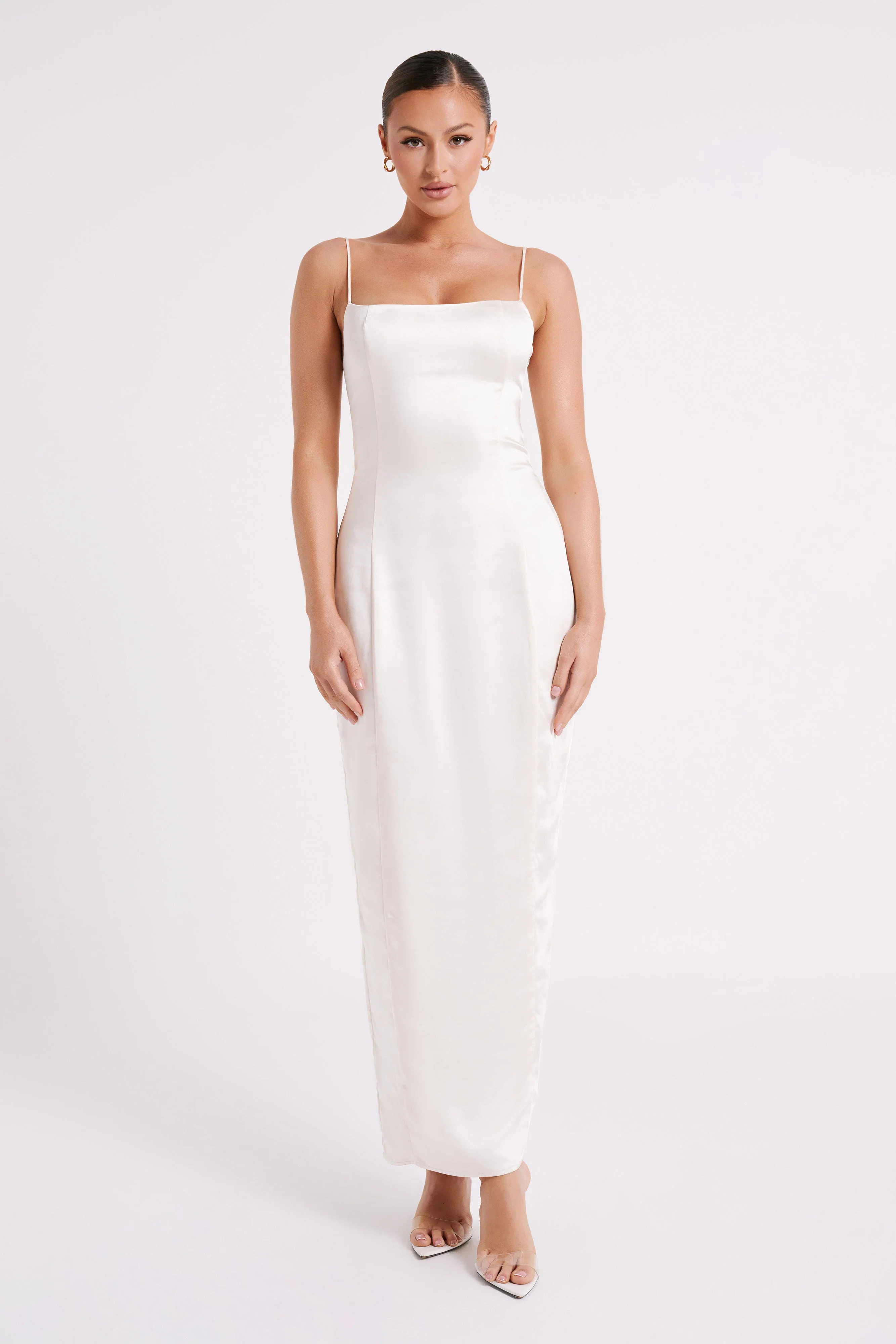 Chrisley Satin Maxi Dress With Split - Ivory | MESHKI US